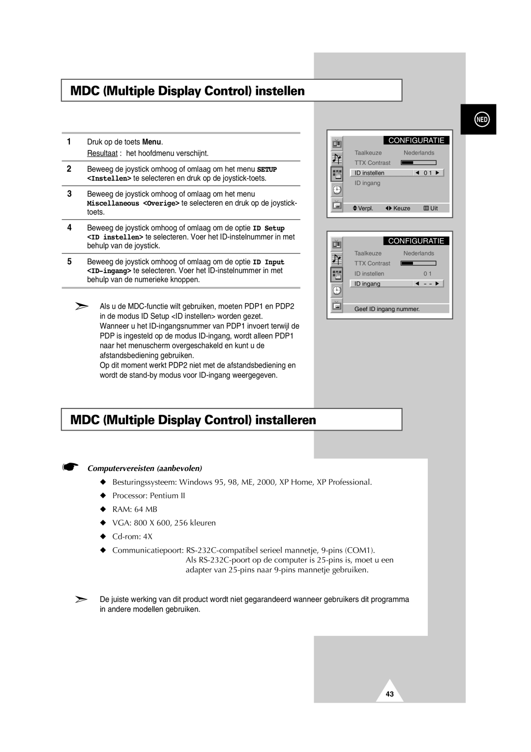 Samsung PS-50P2HT manual MDC Multiple Display Control instellen, MDC Multiple Display Control installeren 