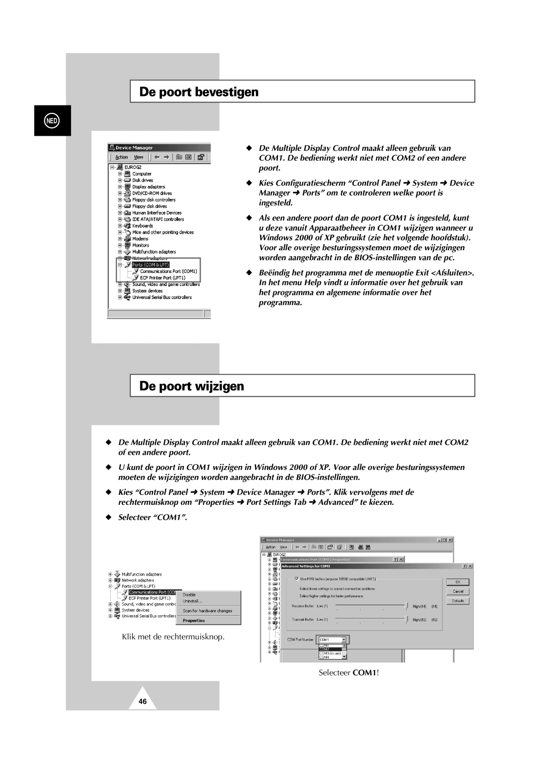 Samsung PS-50P2HT manual De poort bevestigen, De poort wijzigen, Selecteer COM1 