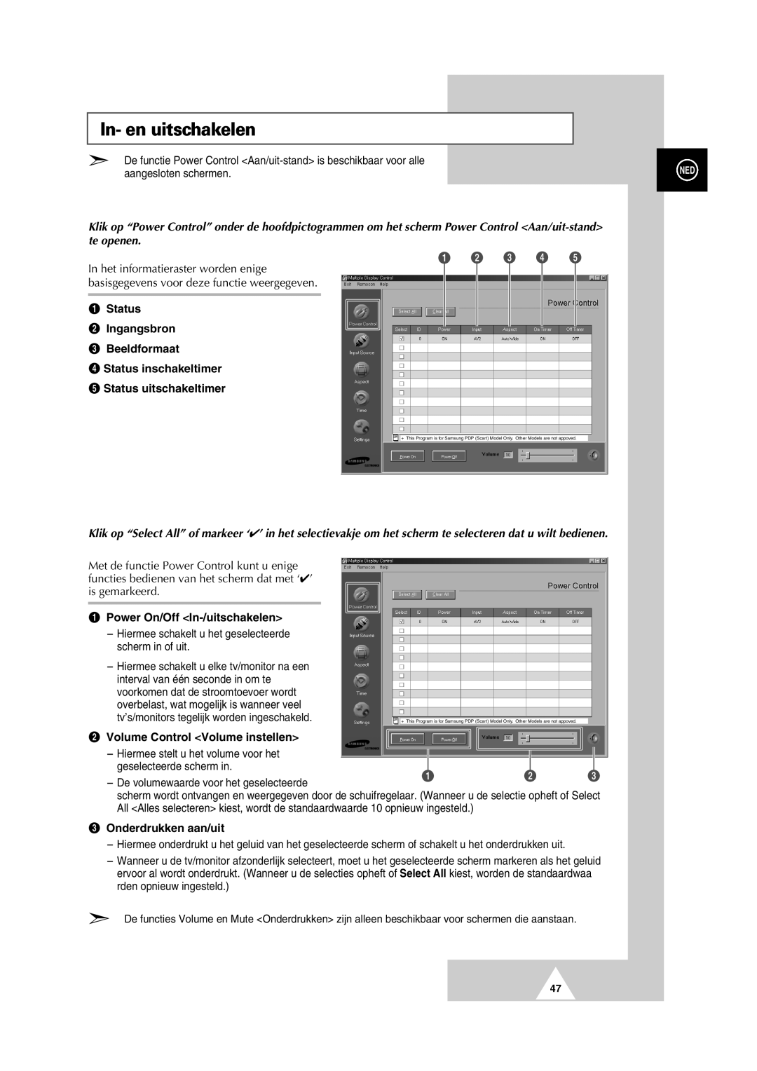 Samsung PS-50P2HT manual In- en uitschakelen, Power On/Off In-/uitschakelen, ´ Volume Control Volume instellen 