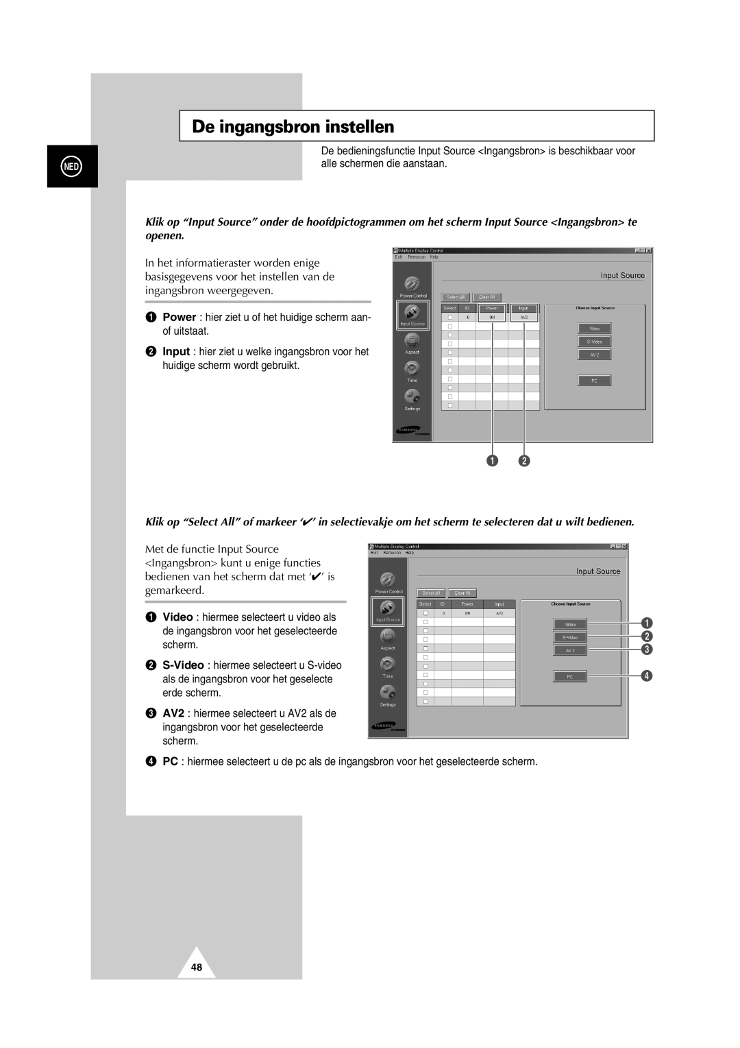 Samsung PS-50P2HT manual De ingangsbron instellen, Alle schermen die aanstaan 