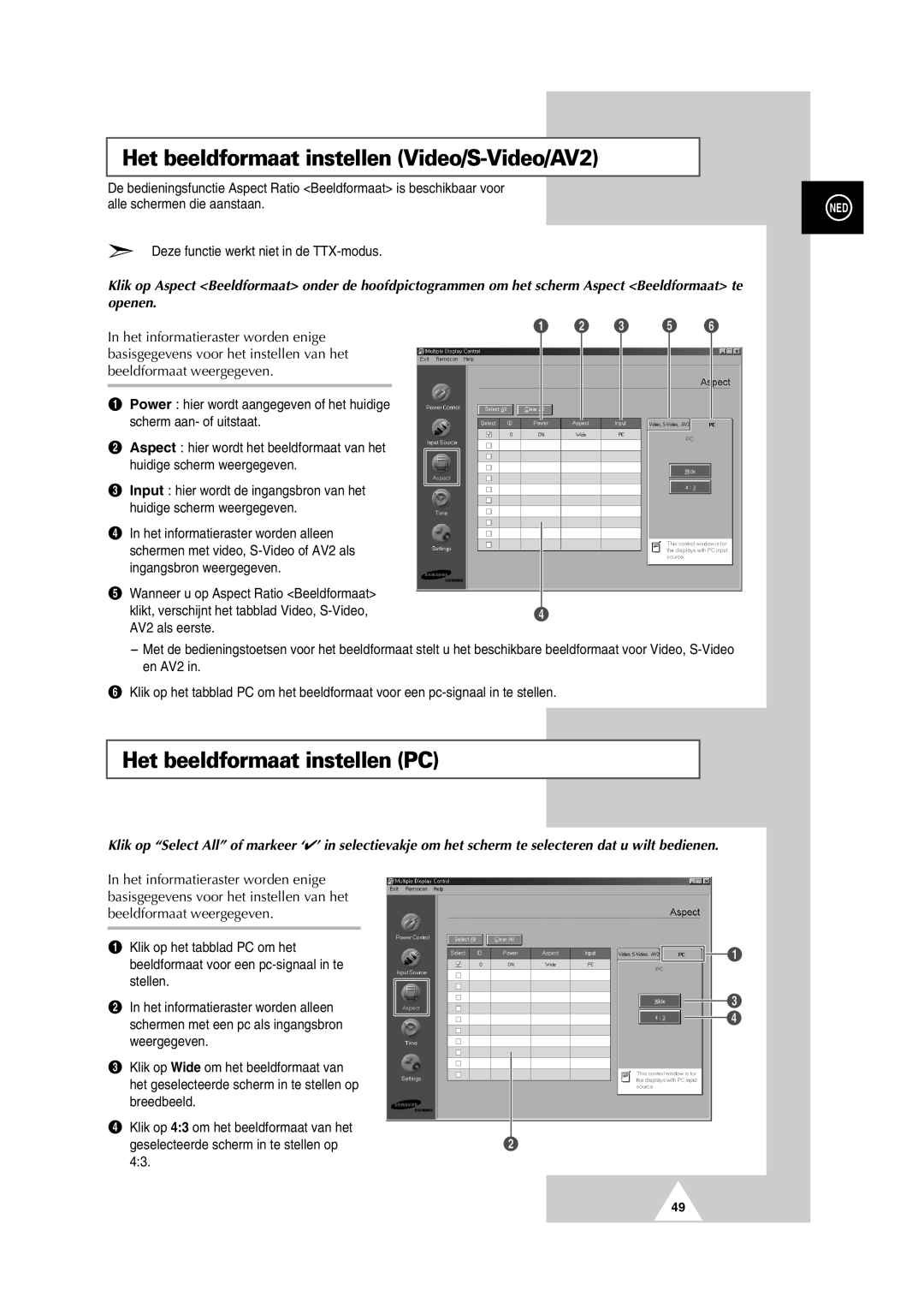 Samsung PS-50P2HT manual Het beeldformaat instellen Video/S-Video/AV2, Het beeldformaat instellen PC 