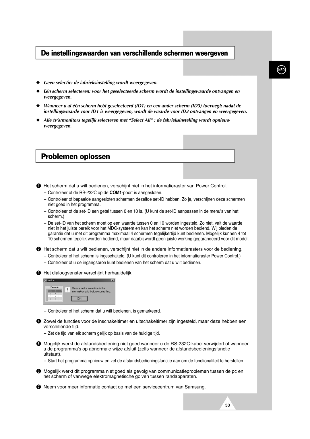 Samsung PS-50P2HT manual De instellingswaarden van verschillende schermen weergeven, Problemen oplossen 