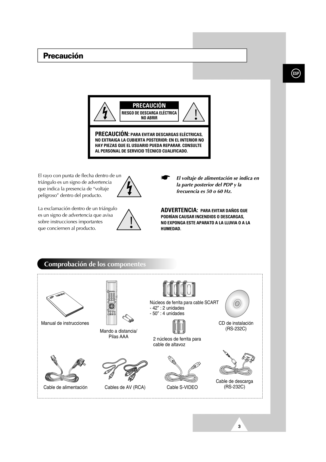 Samsung PS-50P2HT manual Precaución, Comprobación de los componentes, Cable de alimentación Cables de AV RCA Cable S-VIDEO 