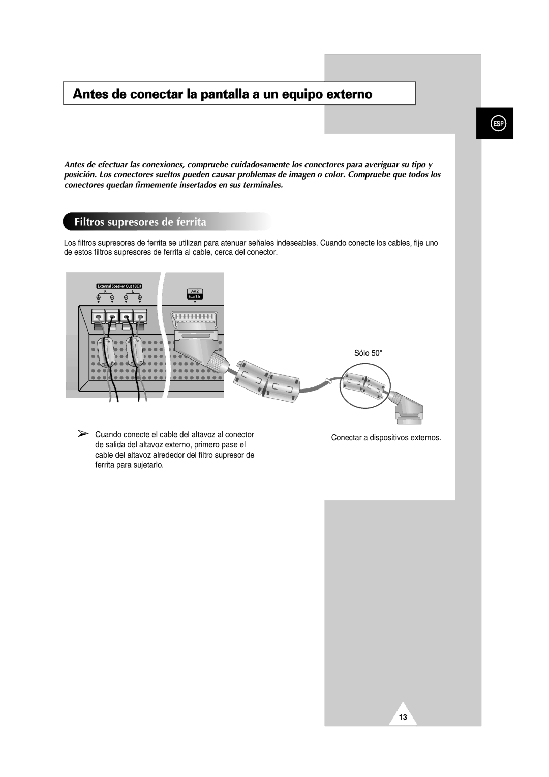 Samsung PS-50P2HT manual Antes de conectar la pantalla a un equipo externo, Filtros supresores de ferrita 