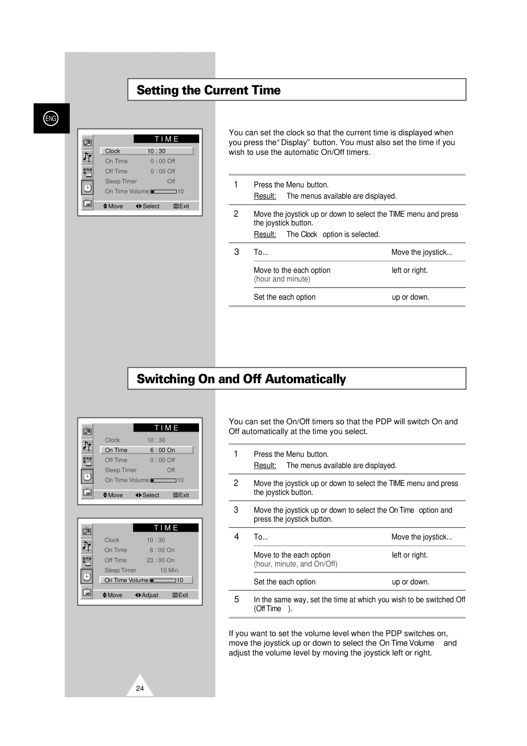 Samsung PS-50P2HT Setting the Current Time, Switching On and Off Automatically, Move to the each option Left or right 