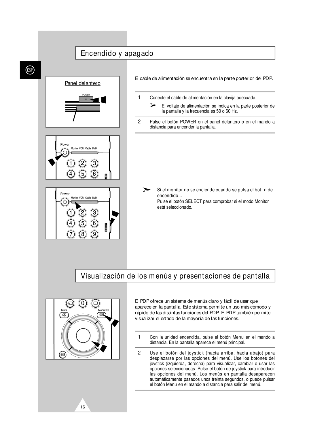 Samsung PS-50P2HT manual Encendido y apagado, Visualización de los menús y presentaciones de pantalla 