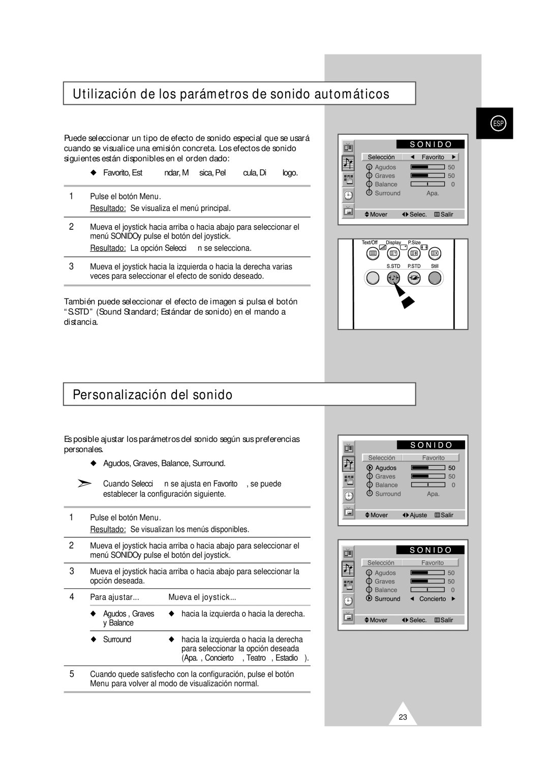 Samsung PS-50P2HT manual Utilización de los parámetros de sonido automáticos, Personalización del sonido, Opción deseada 