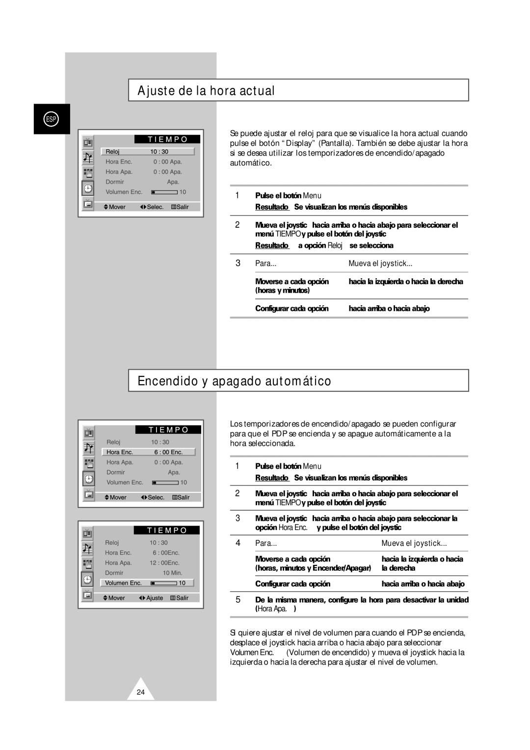 Samsung PS-50P2HT manual Ajuste de la hora actual, Encendido y apagado automático, Para Mueva el joystick, Hora Apa 