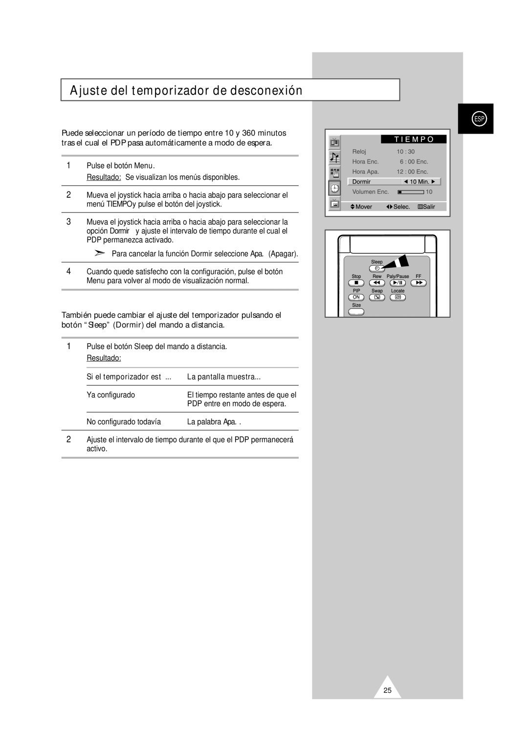 Samsung PS-50P2HT manual Ajuste del temporizador de desconexión, Pulse el botón Sleep del mando a distancia. Resultado 