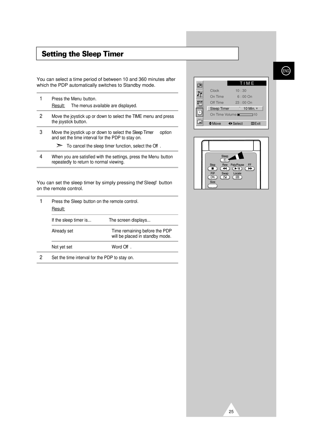 Samsung PS-50P2HT manual Setting the Sleep Timer, Press the Sleep button on the remote control. Result, Already set 