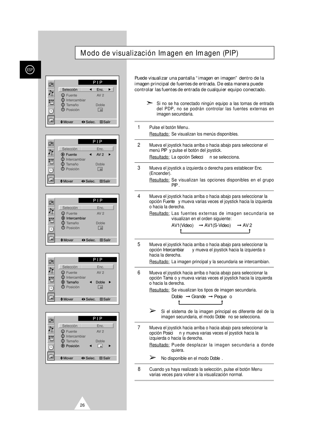 Samsung PS-50P2HT manual Modo de visualización Imagen en Imagen PIP, Doble Grande Pequeño 