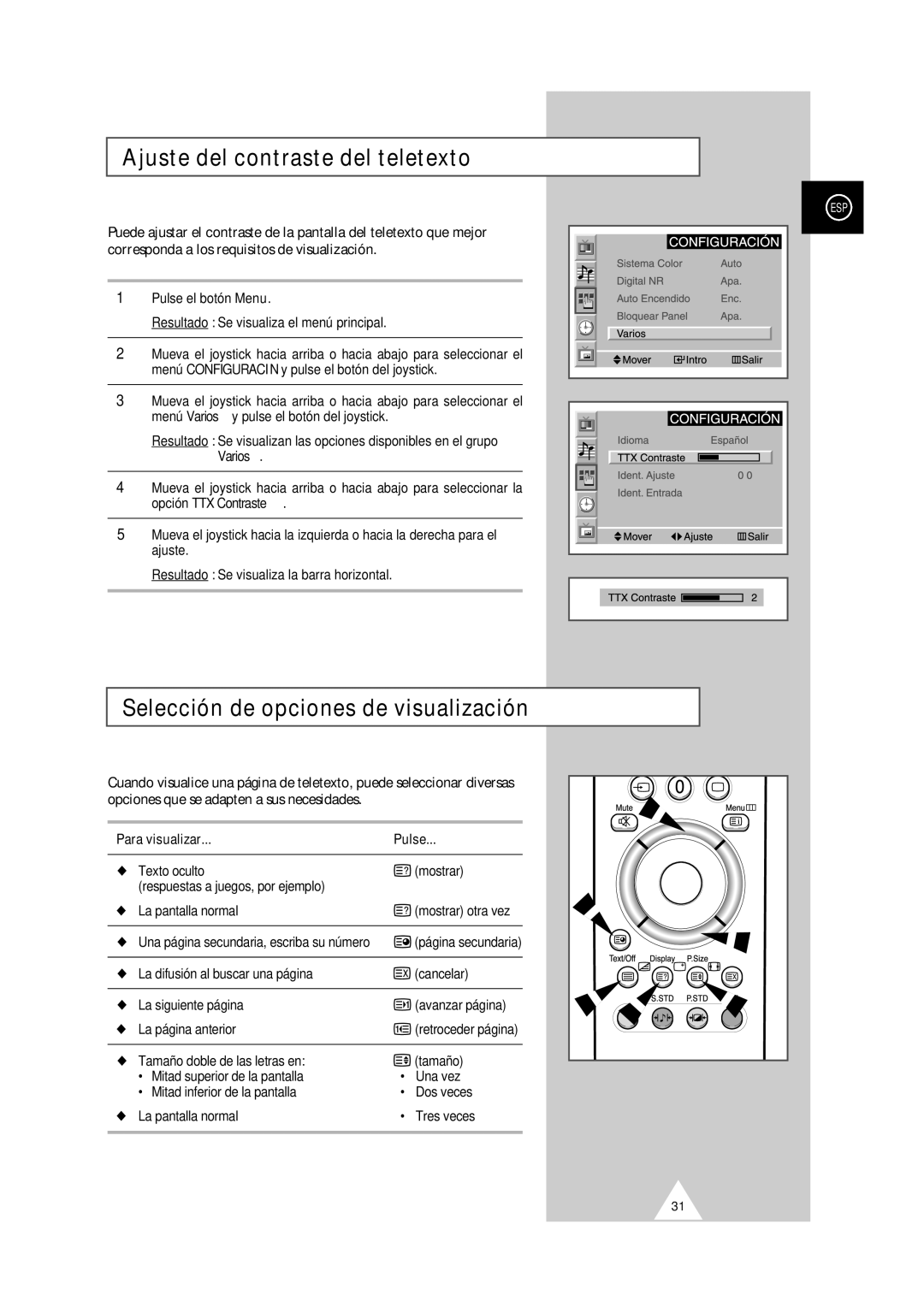 Samsung PS-50P2HT manual Ajuste del contraste del teletexto, Selección de opciones de visualización, Varios 