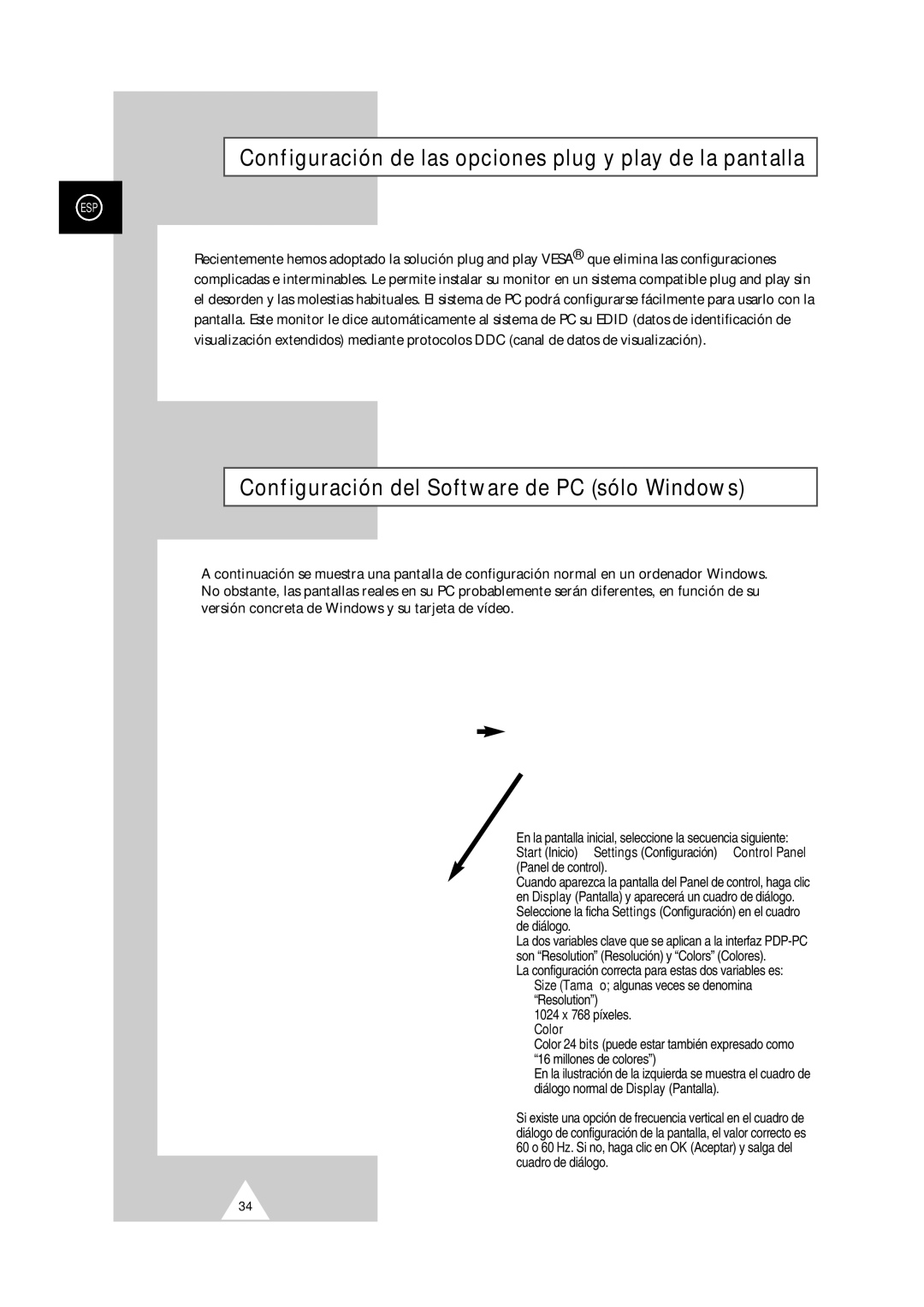 Samsung PS-50P2HT Configuración de las opciones plug y play de la pantalla, Configuración del Software de PC sólo Windows 