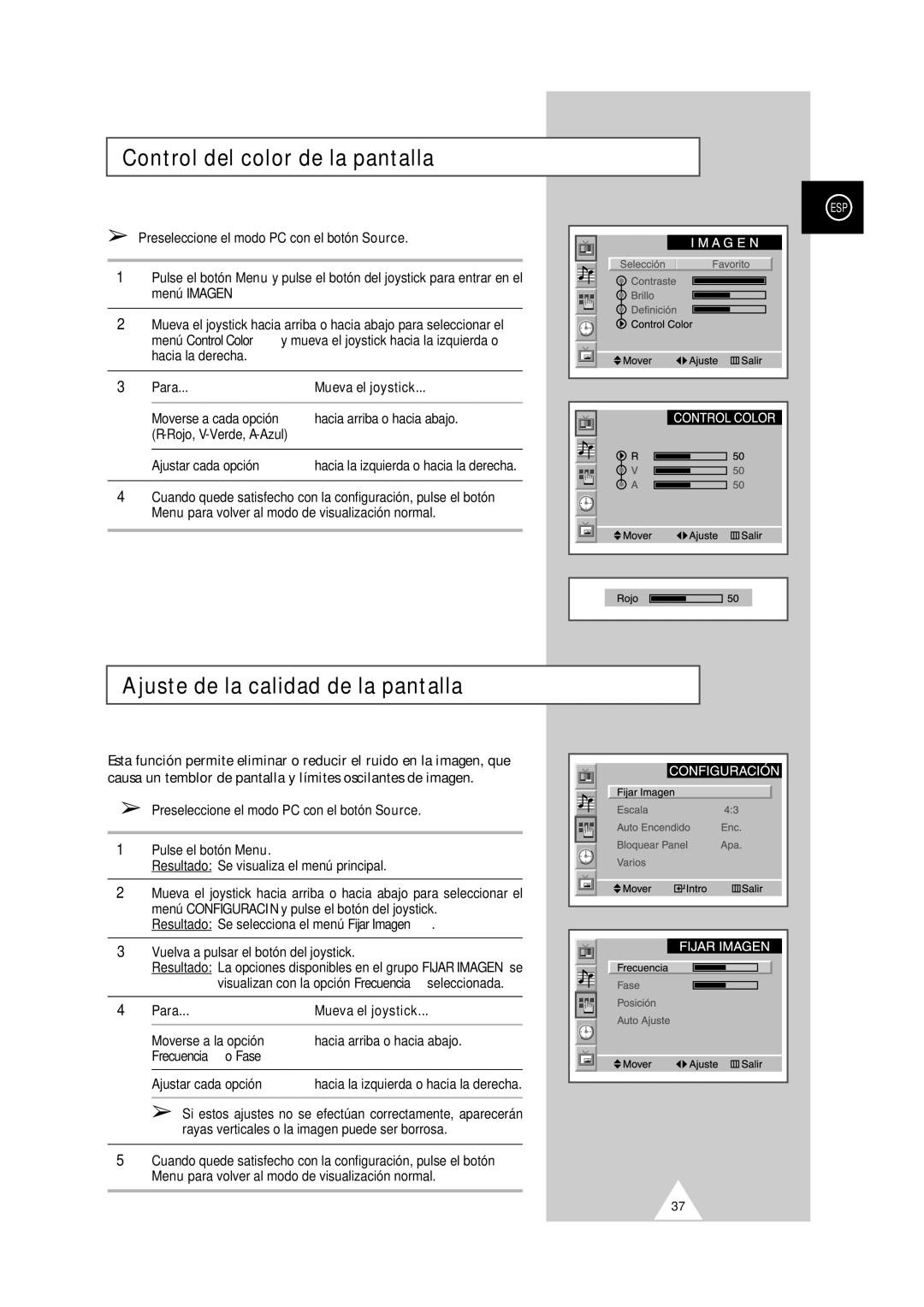 Samsung PS-50P2HT manual Control del color de la pantalla, Ajuste de la calidad de la pantalla, Frecuencia o Fase 