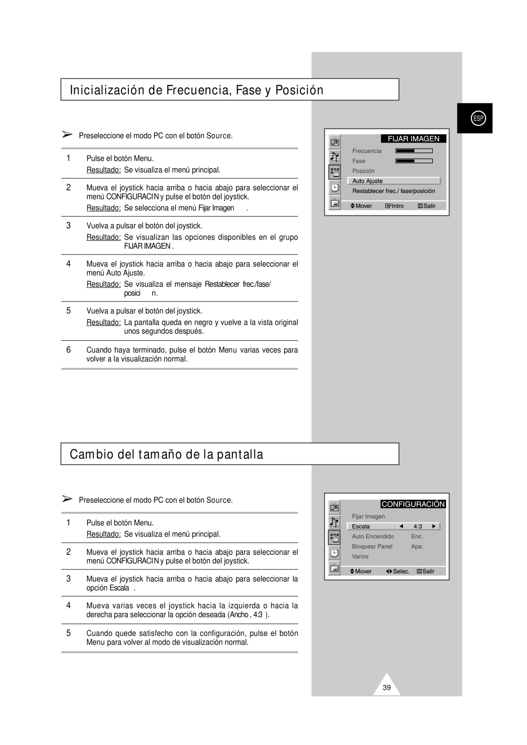 Samsung PS-50P2HT manual Inicialización de Frecuencia, Fase y Posición, Cambio del tamaño de la pantalla 