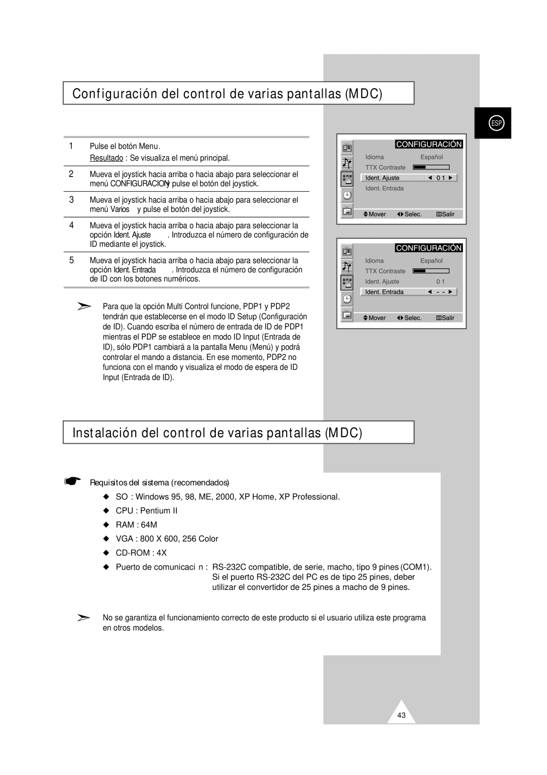 Samsung PS-50P2HT manual Configuración del control de varias pantallas MDC, Instalación del control de varias pantallas MDC 