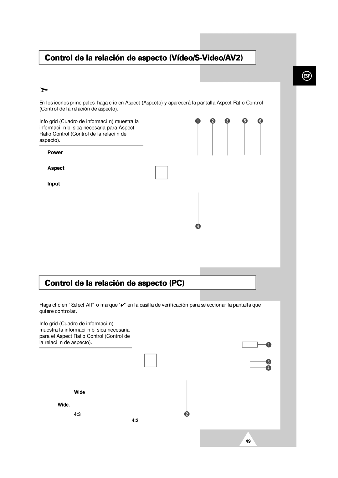 Samsung PS-50P2HT manual Control de la relación de aspecto Vídeo/S-Video/AV2, Control de la relación de aspecto PC 