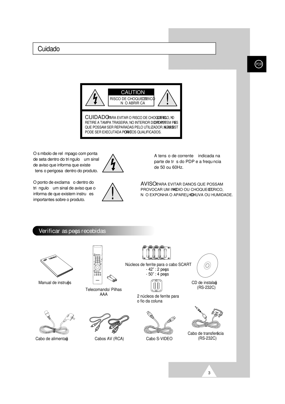 Samsung PS-50P2HT manual Cuidado, Verificar as peças recebidas, Tensão de corrente é indicada na, De 50 ou 60Hz 