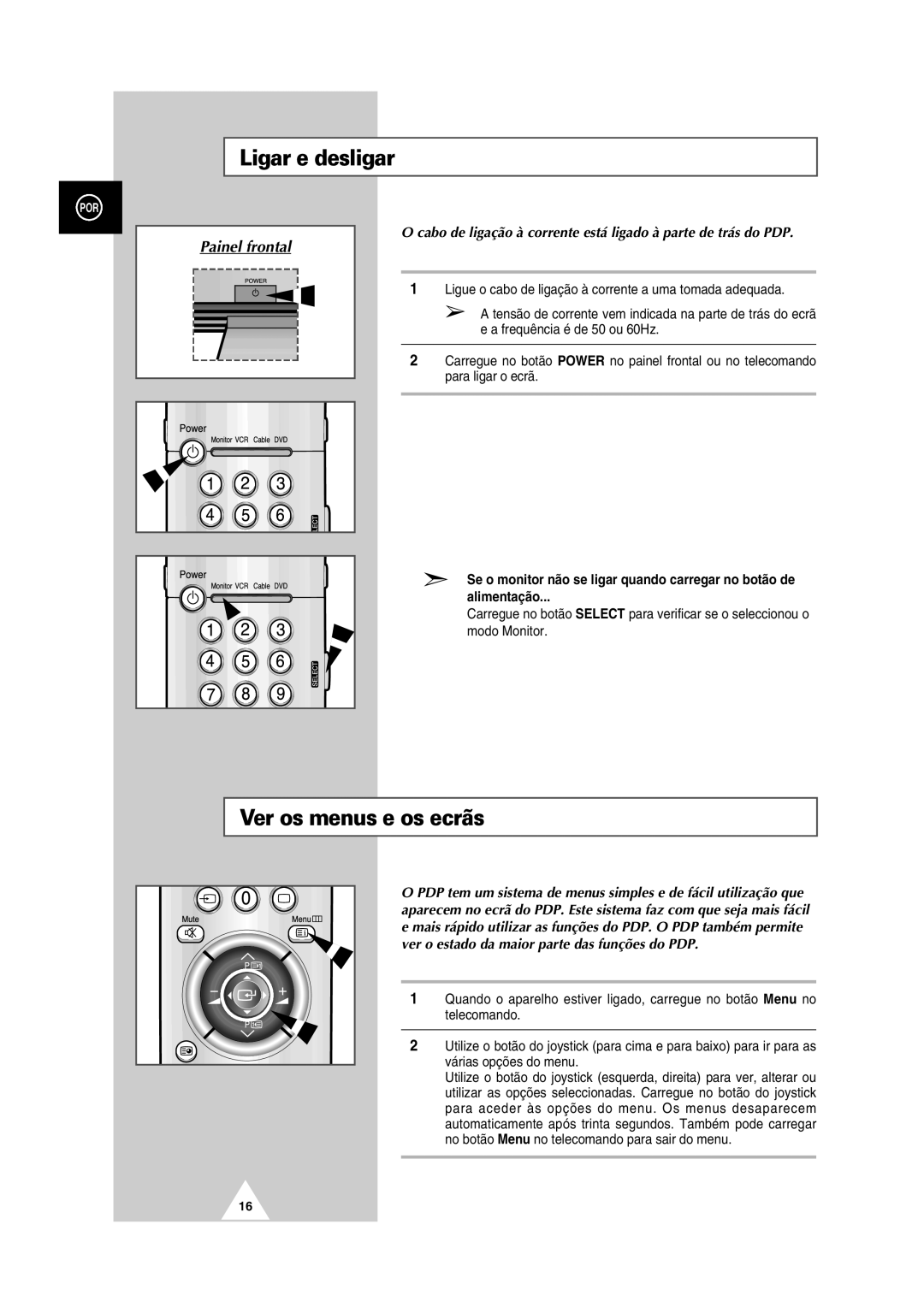 Samsung PS-50P2HT manual Ligar e desligar, Ver os menus e os ecrãs 