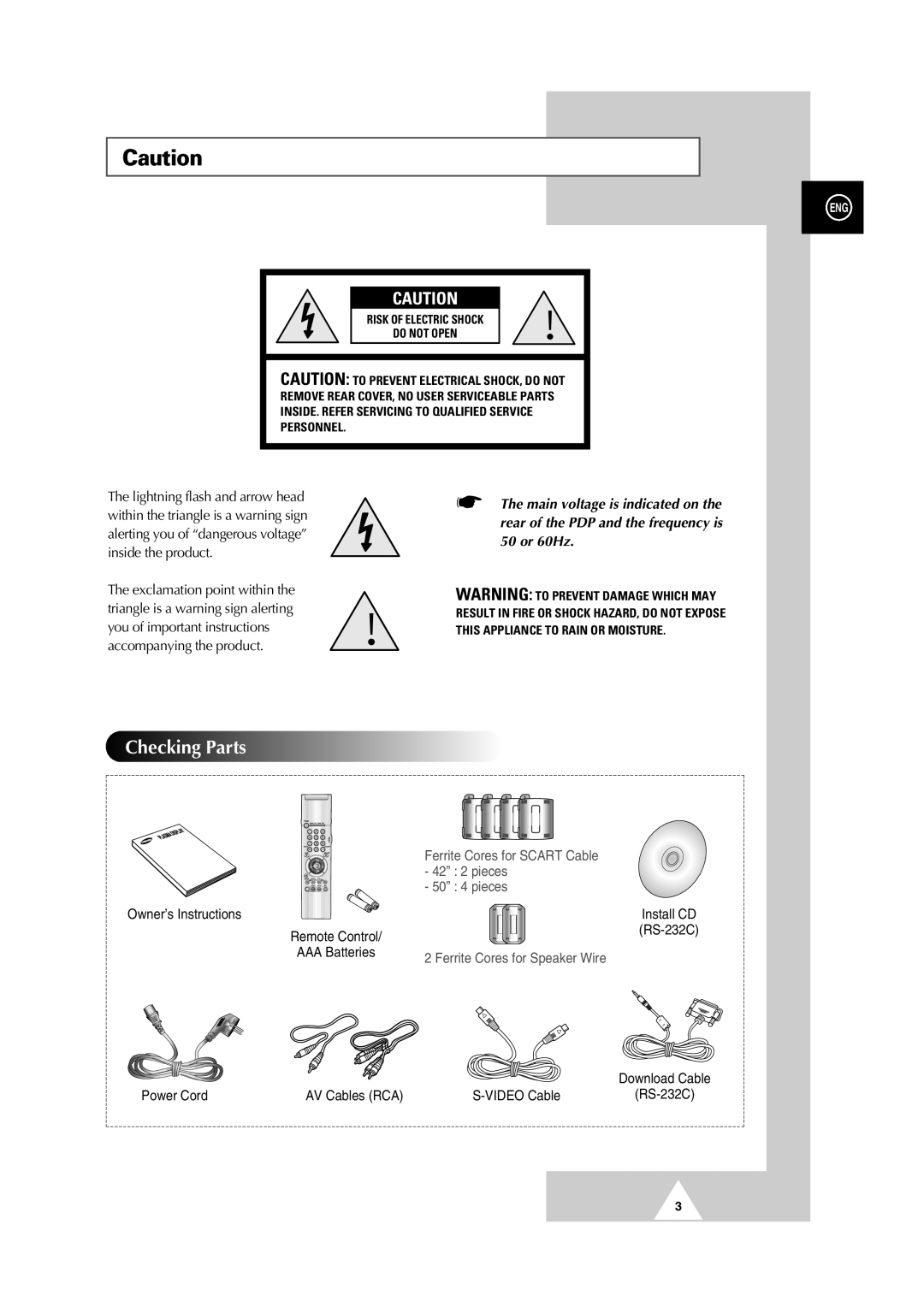 Samsung PS-50P2HT manual Checking Parts, Main voltage is indicated on, 50 or 60Hz, Owner’s Instructions 