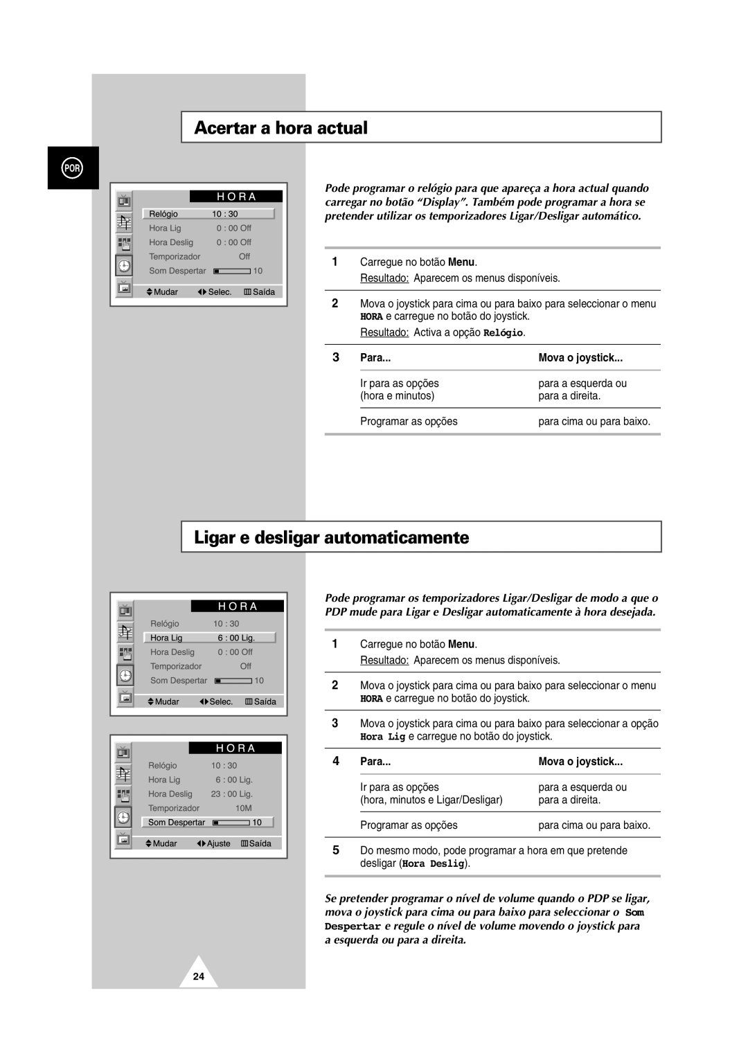 Samsung PS-50P2HT manual Acertar a hora actual, Ligar e desligar automaticamente 