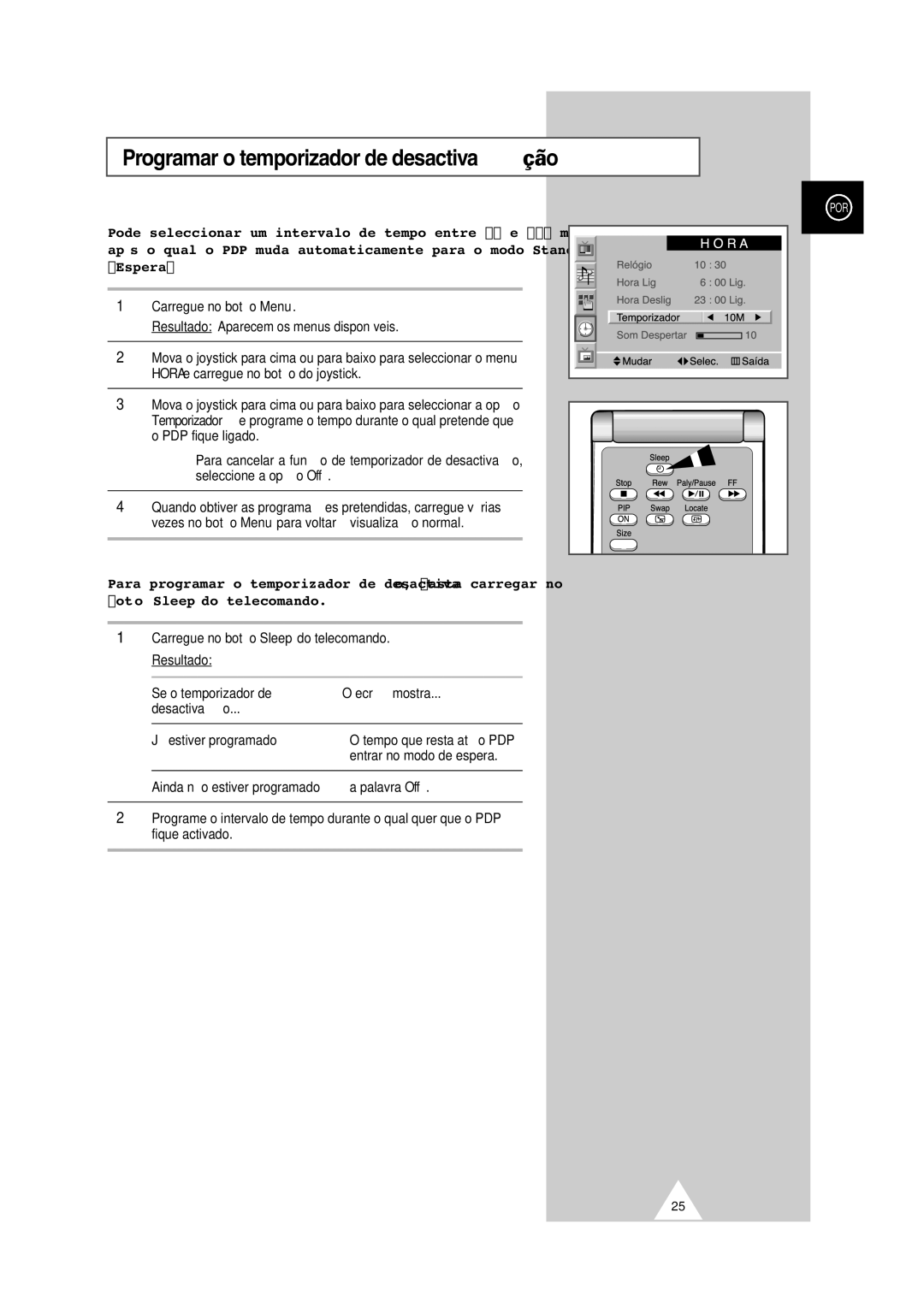 Samsung PS-50P2HT manual Programar o temporizador de desactivação, Carregue no botão Sleep do telecomando. Resultado 