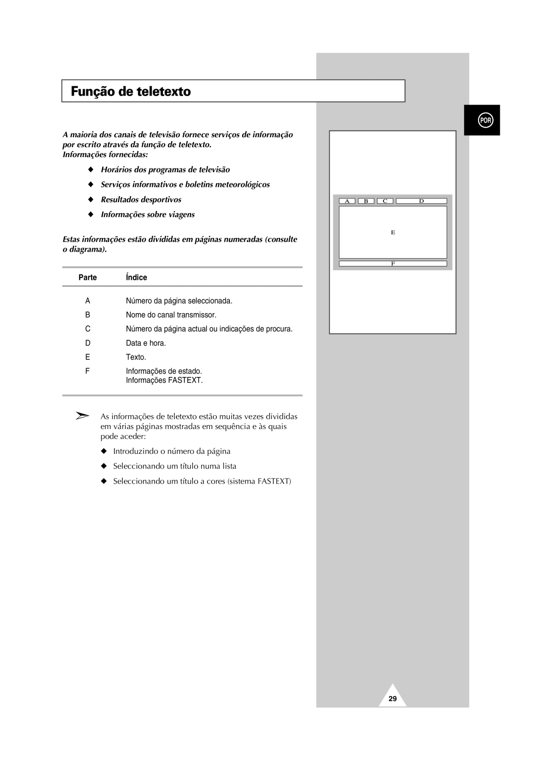 Samsung PS-50P2HT manual Função de teletexto, Parte Índice 