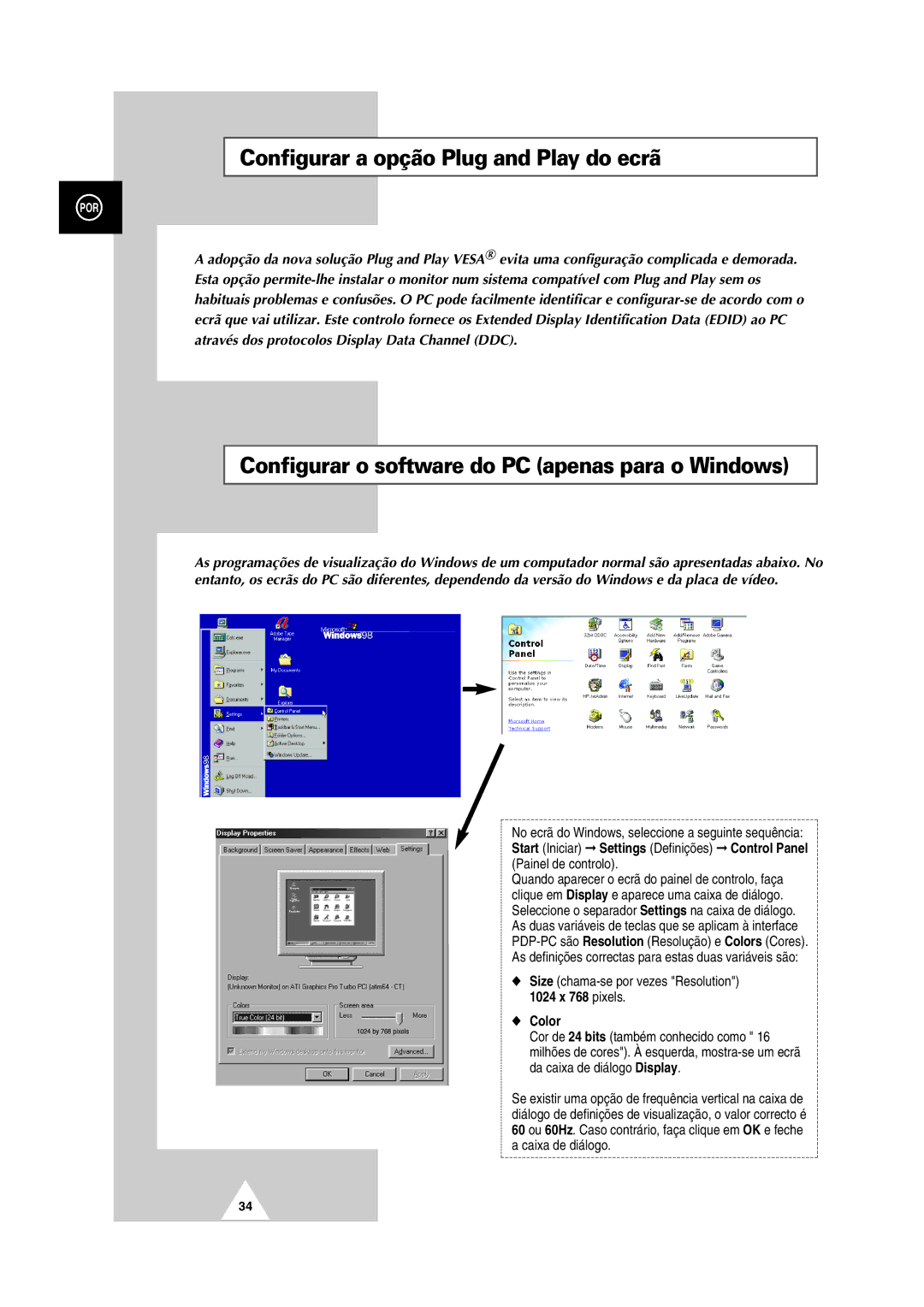 Samsung PS-50P2HT manual Configurar a opção Plug and Play do ecrã, Configurar o software do PC apenas para o Windows, Color 