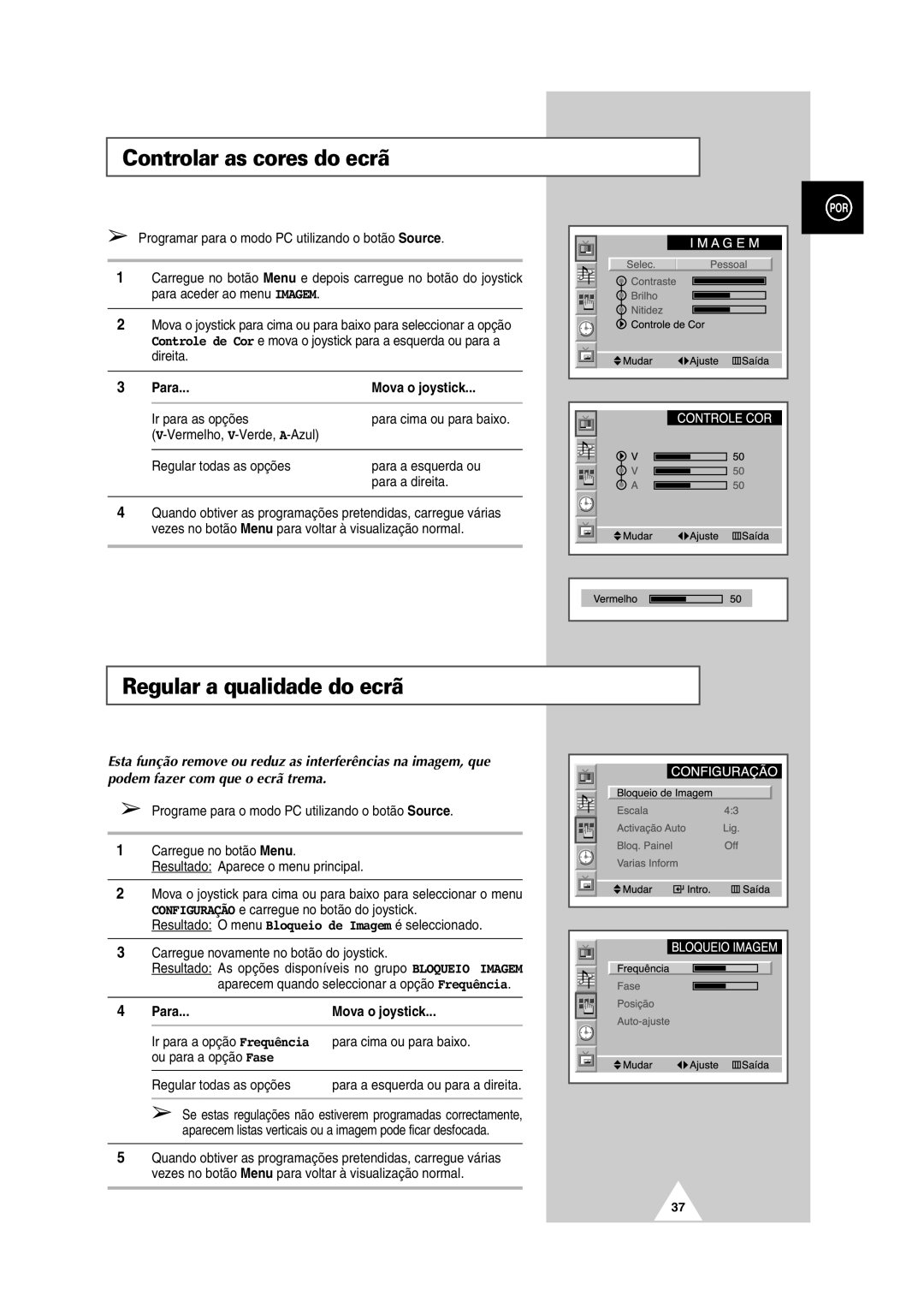 Samsung PS-50P2HT manual Controlar as cores do ecrã, Regular a qualidade do ecrã 