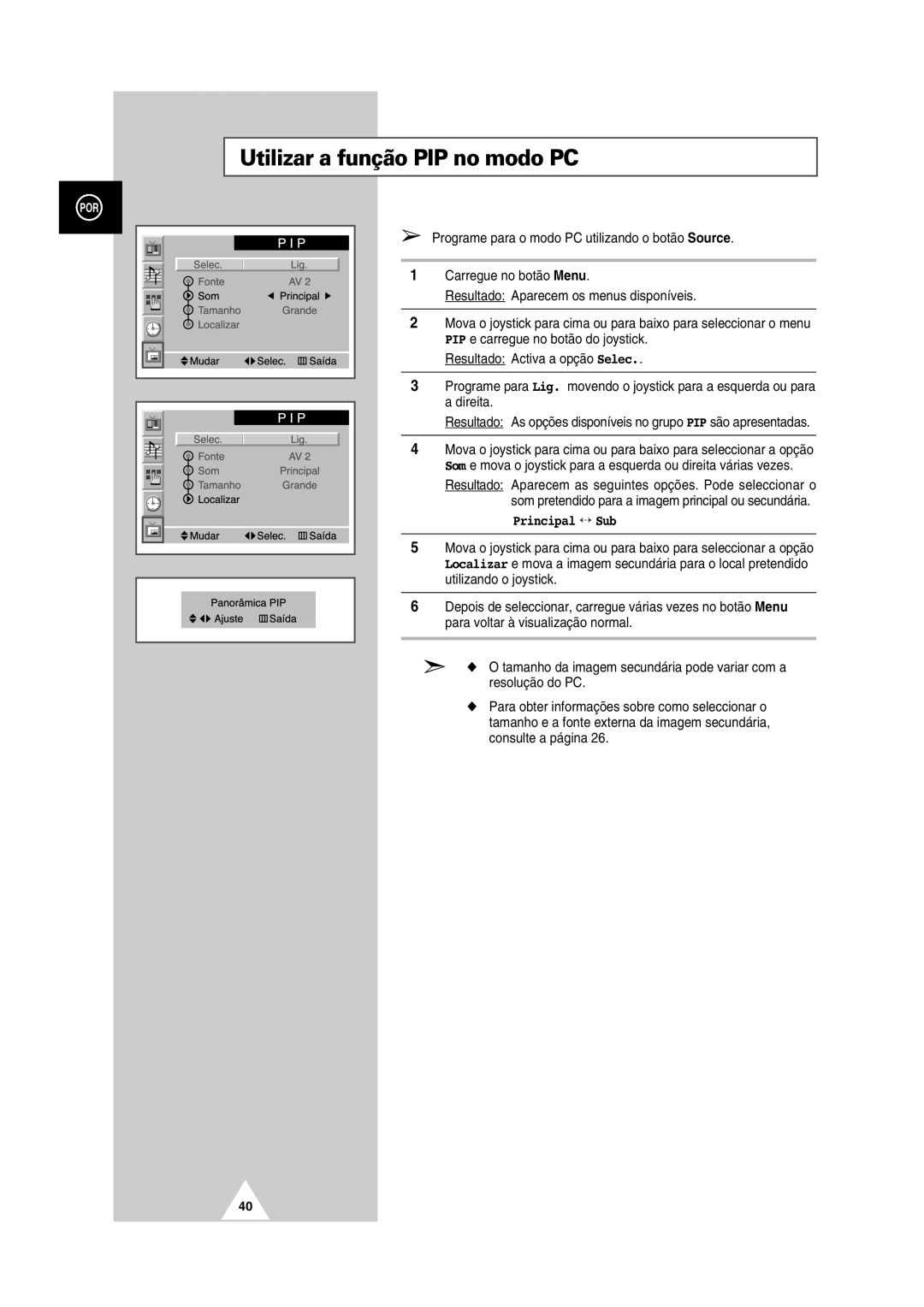 Samsung PS-50P2HT manual Utilizar a função PIP no modo PC, Principal ↔ Sub 