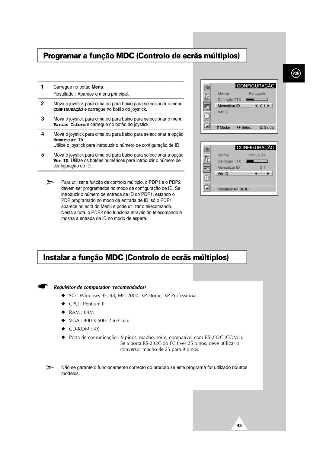 Samsung PS-50P2HT Programar a função MDC Controlo de ecrãs múltiplos, Instalar a função MDC Controlo de ecrãs múltiplos 