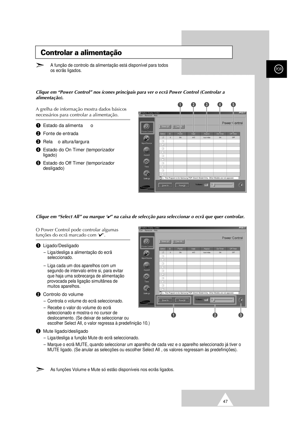 Samsung PS-50P2HT manual Controlar a alimentação, Ligado/Desligado, ´ Controlo do volume, Mute ligado/desligado 