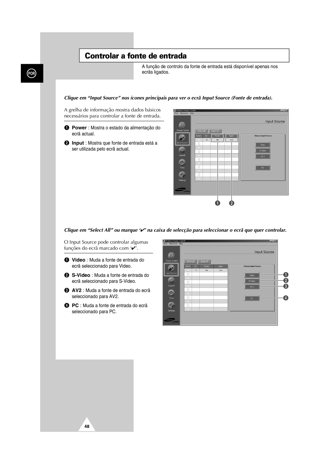 Samsung PS-50P2HT manual Controlar a fonte de entrada, Ecrãs ligados 