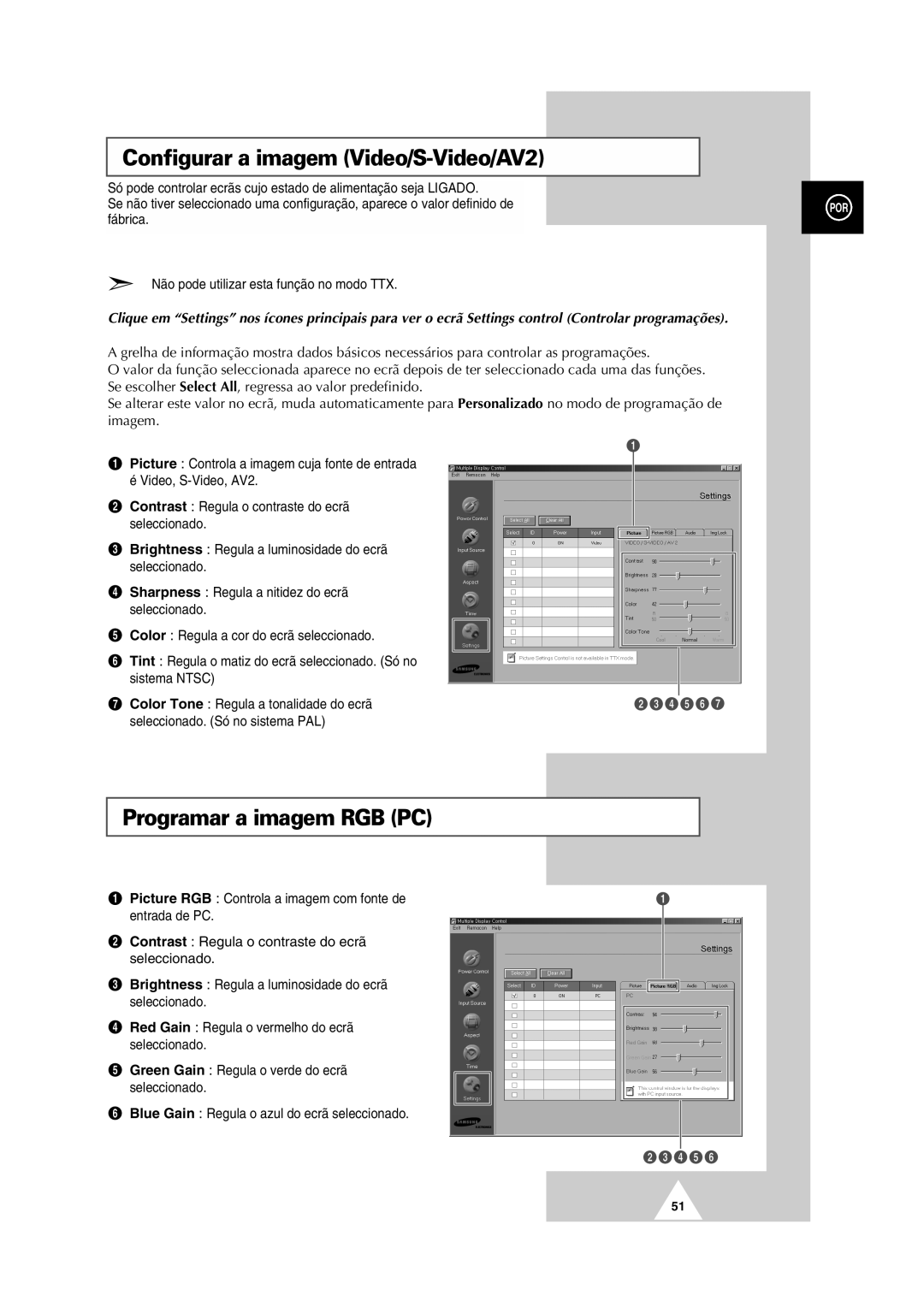 Samsung PS-50P2HT manual Configurar a imagem Video/S-Video/AV2, Programar a imagem RGB PC 