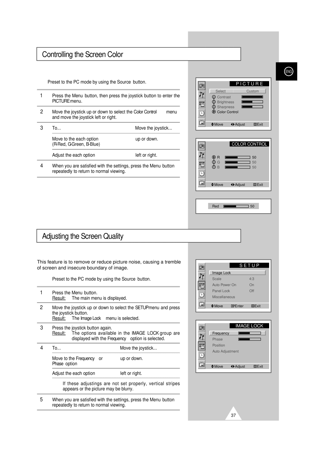 Samsung PS-50P2HT manual Controlling the Screen Color, Adjusting the Screen Quality, Move to the Frequency or Up or down 