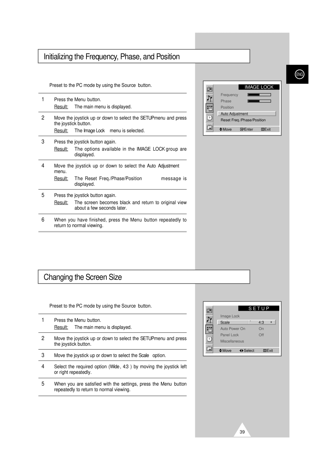 Samsung PS-50P2HT manual Initializing the Frequency, Phase, and Position, Changing the Screen Size 