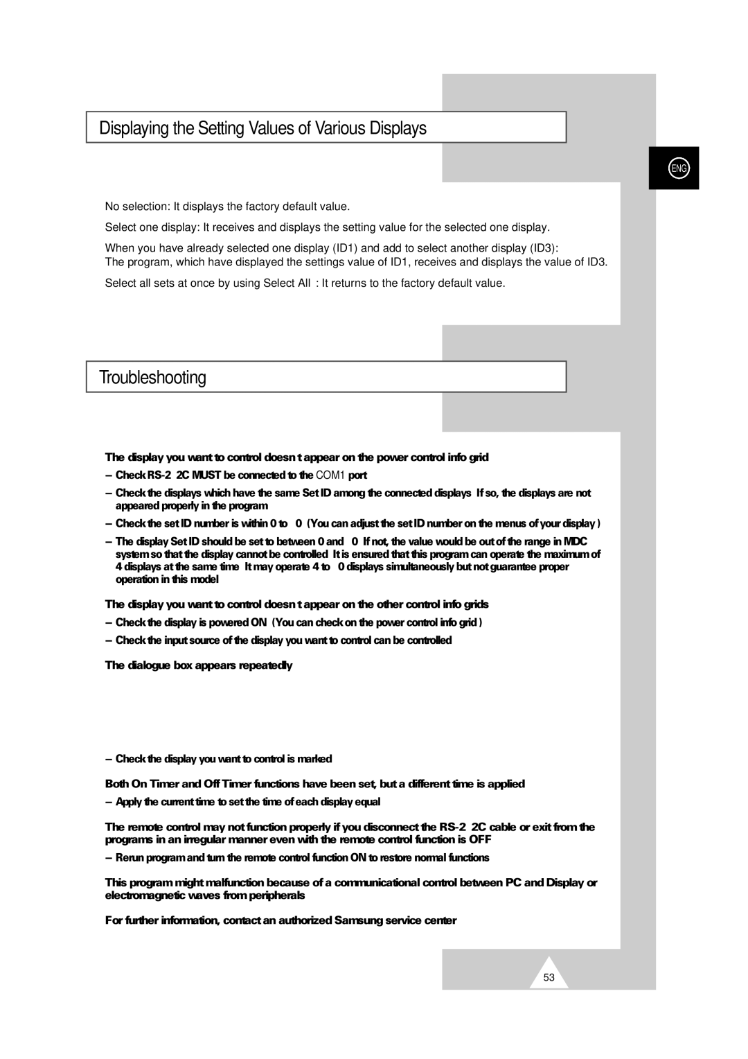 Samsung PS-50P2HT manual Displaying the Setting Values of Various Displays, Troubleshooting 