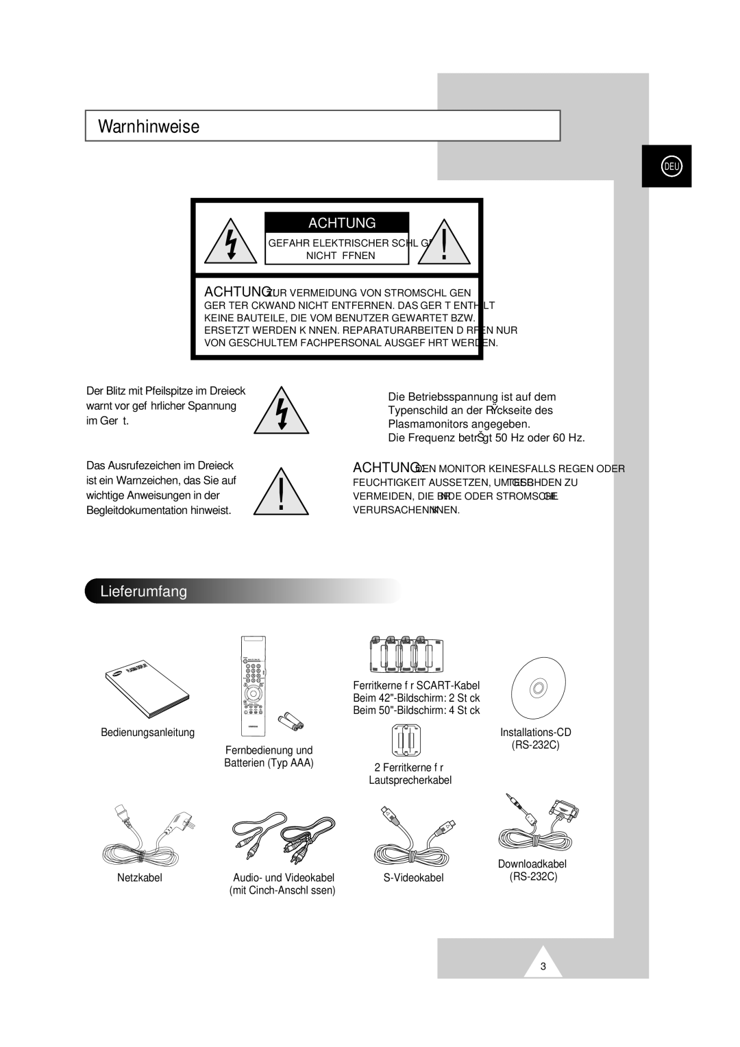 Samsung PS-50P2HT manual Warnhinweise, Lieferumfang, Die Betriebsspannung ist auf dem, Typenschild an der Rückseite des 