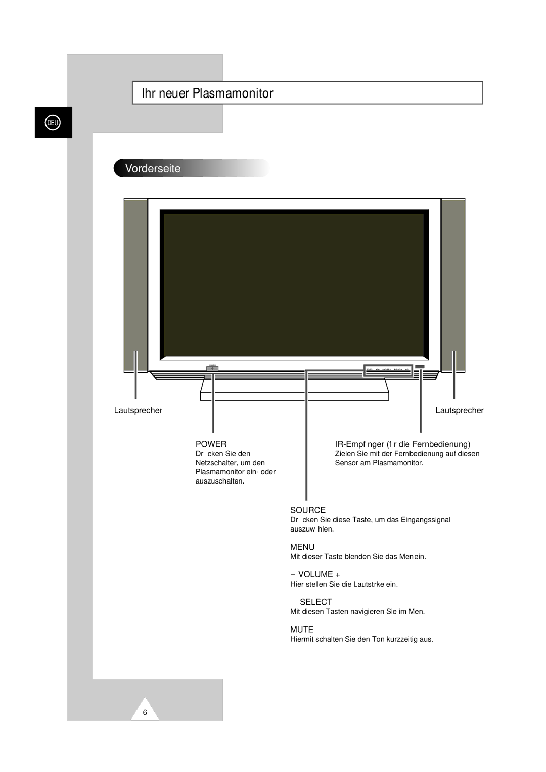 Samsung PS-50P2HT manual Ihr neuer Plasmamonitor, Vorderseite 