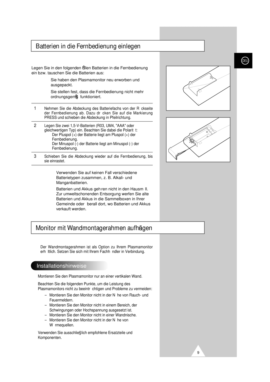 Samsung PS-50P2HT Batterien in die Fernbedienung einlegen, Monitor mit Wandmontagerahmen aufhängen, Installationshinweise 