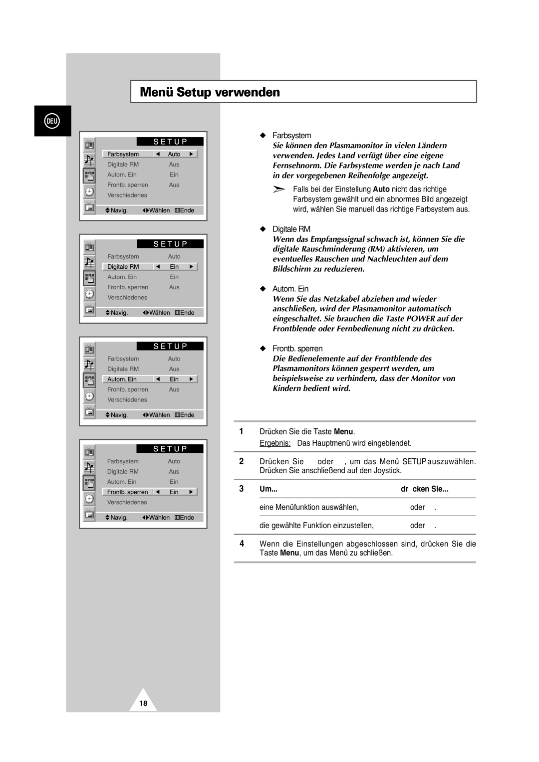 Samsung PS-50P2HT manual Menü Setup verwenden, Drücken Sie 