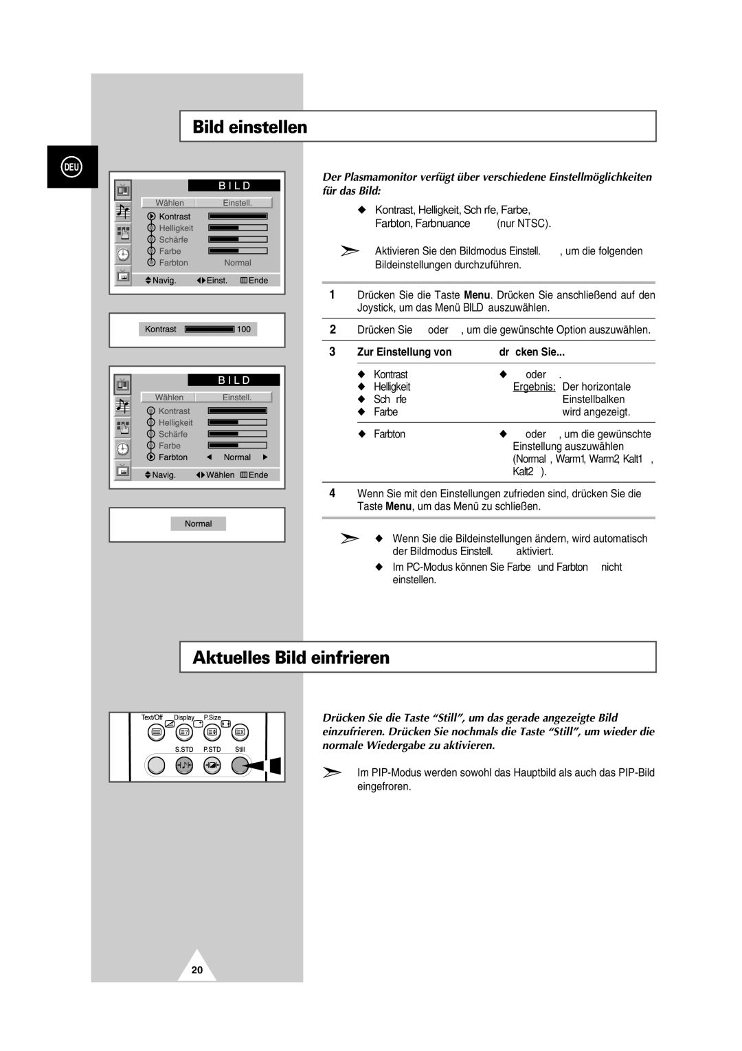 Samsung PS-50P2HT manual Bild einstellen, Aktuelles Bild einfrieren 