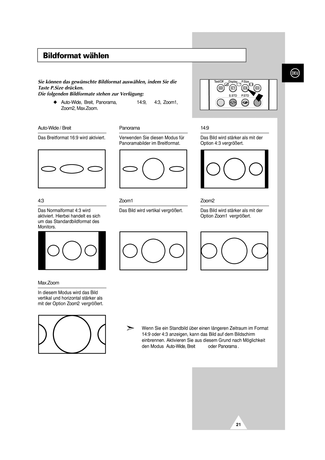 Samsung PS-50P2HT manual Bildformat wählen, Max.Zoom 