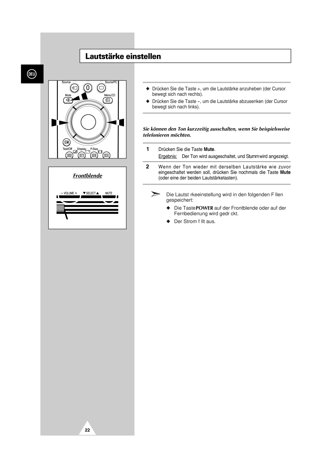 Samsung PS-50P2HT manual Lautstärke einstellen, Frontblende 