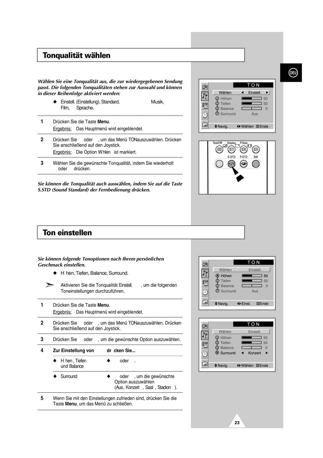 Samsung PS-50P2HT manual Tonqualität wählen, Ton einstellen, Höhen , Tiefen, Und Balance Surround 