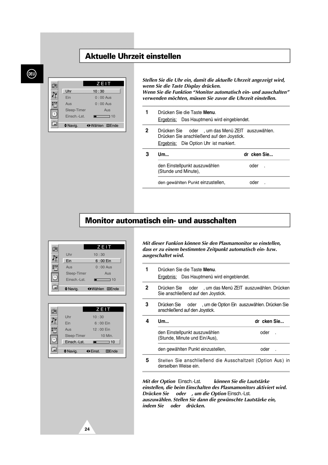 Samsung PS-50P2HT manual Aktuelle Uhrzeit einstellen, Monitor automatisch ein- und ausschalten 