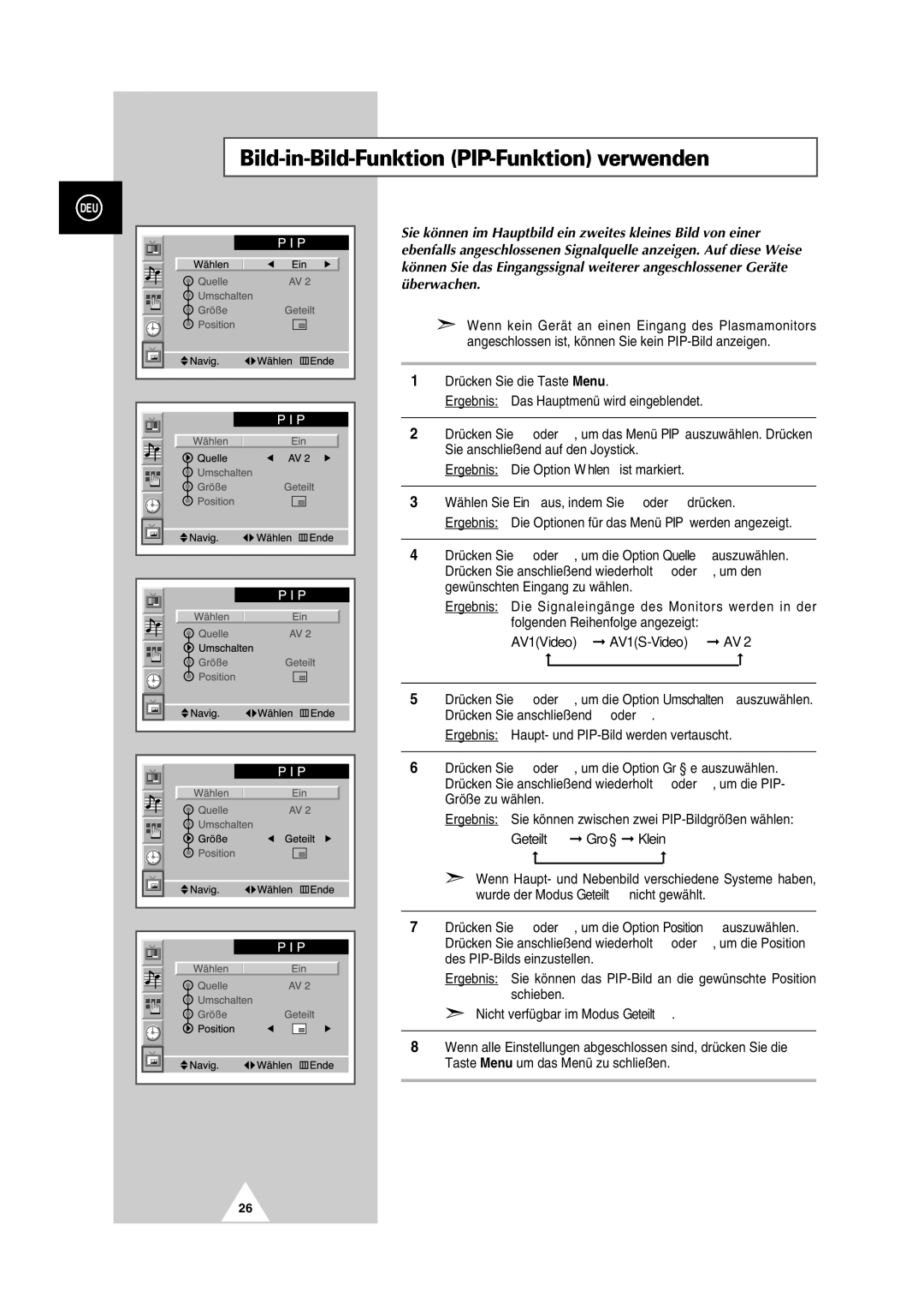 Samsung PS-50P2HT manual Bild-in-Bild-Funktion PIP-Funktion verwenden, Geteilt Groß Klein 