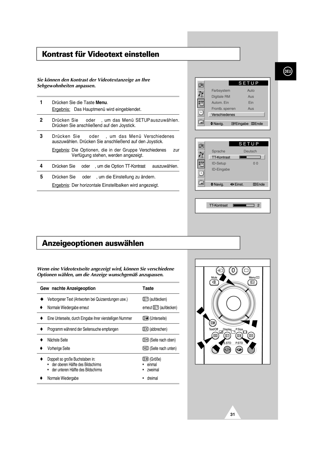 Samsung PS-50P2HT manual Kontrast für Videotext einstellen, Anzeigeoptionen auswählen, Gewünschte Anzeigeoption Taste 