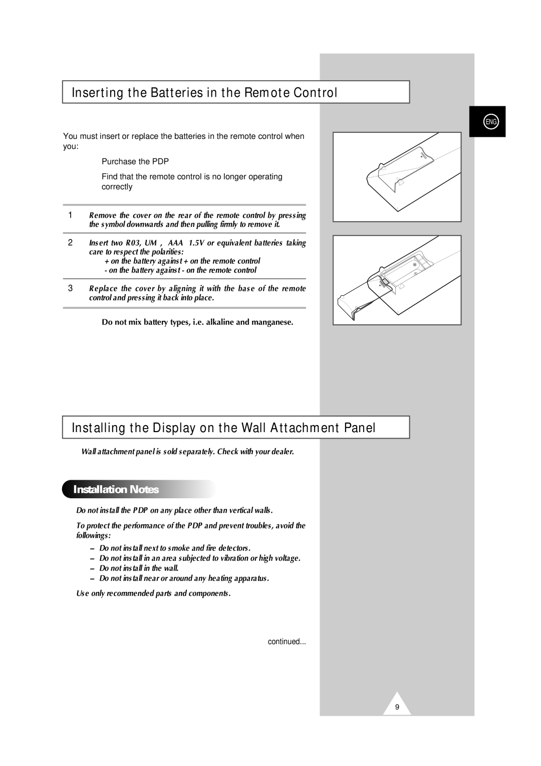 Samsung PS-50P2HT manual Inserting the Batteries in the Remote Control, Installing the Display on the Wall Attachment Panel 