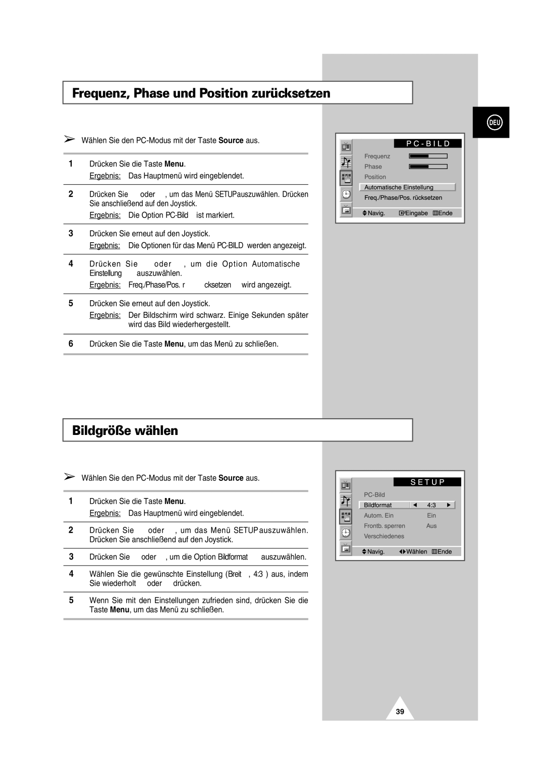 Samsung PS-50P2HT manual Frequenz, Phase und Position zurücksetzen, Bildgröße wählen 